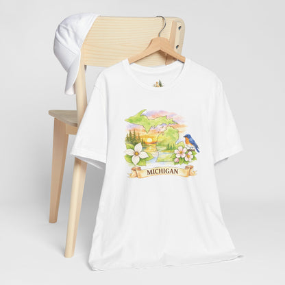 Michigan Scenic T-Shirt — State Flower & Bluebird Watercolor Design