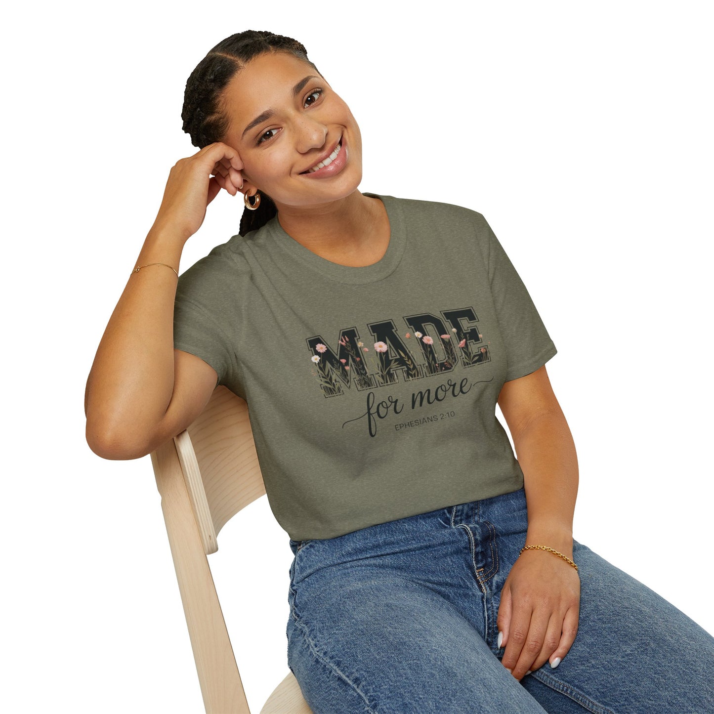 Made For More T-Shirt – Floral Script Christian Faith Tee (Ephesians 2:10) Light Weight, Ultra Soft Tee