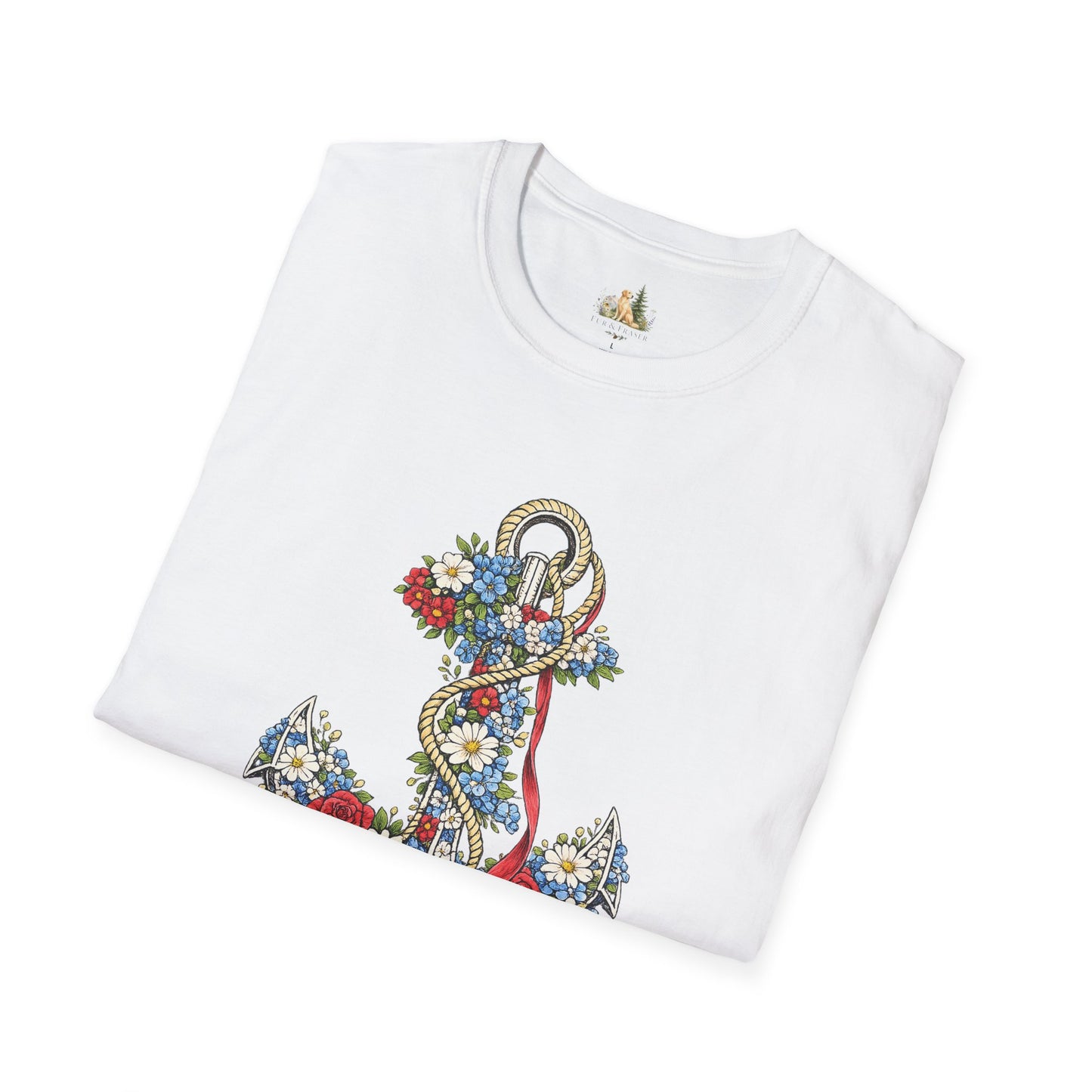 Floral Anchor Illustration T-Shirt Nautical Anchor with Roses (Light Weight, Ultra Soft T-Shirt)