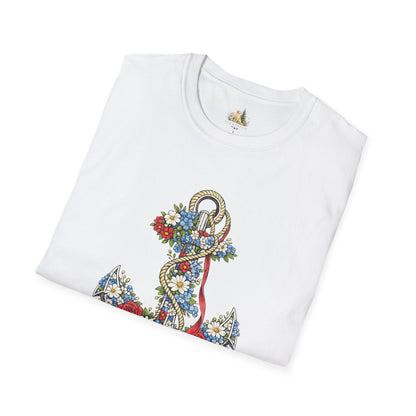 Floral Anchor Illustration T-Shirt Nautical Anchor with Roses (Light Weight, Ultra Soft T-Shirt)