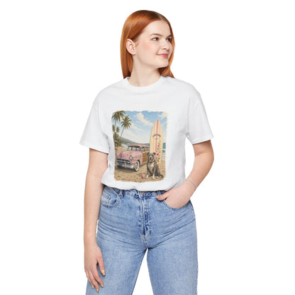 Vintage Beach Surf T‑Shirt — Retro Car, Surfboard & Dog Graphic