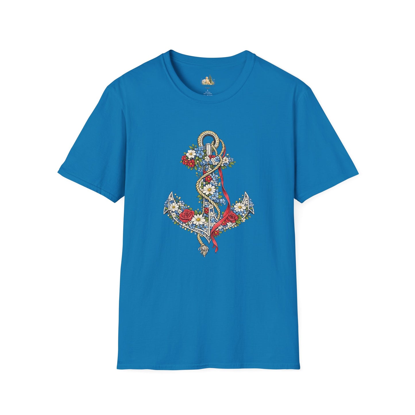 Floral Anchor Illustration T-Shirt Nautical Anchor with Roses (Light Weight, Ultra Soft T-Shirt)
