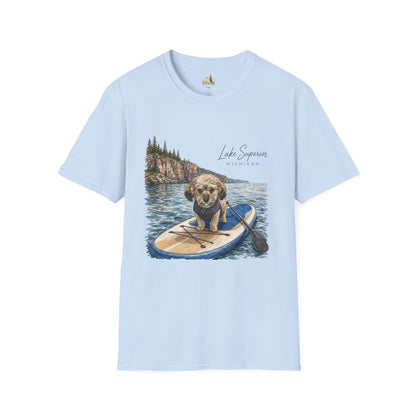 T-Shirt — Lake Superior Michigan Dog Paddleboard Graphic (Light Weight, Ultra Soft Tee)