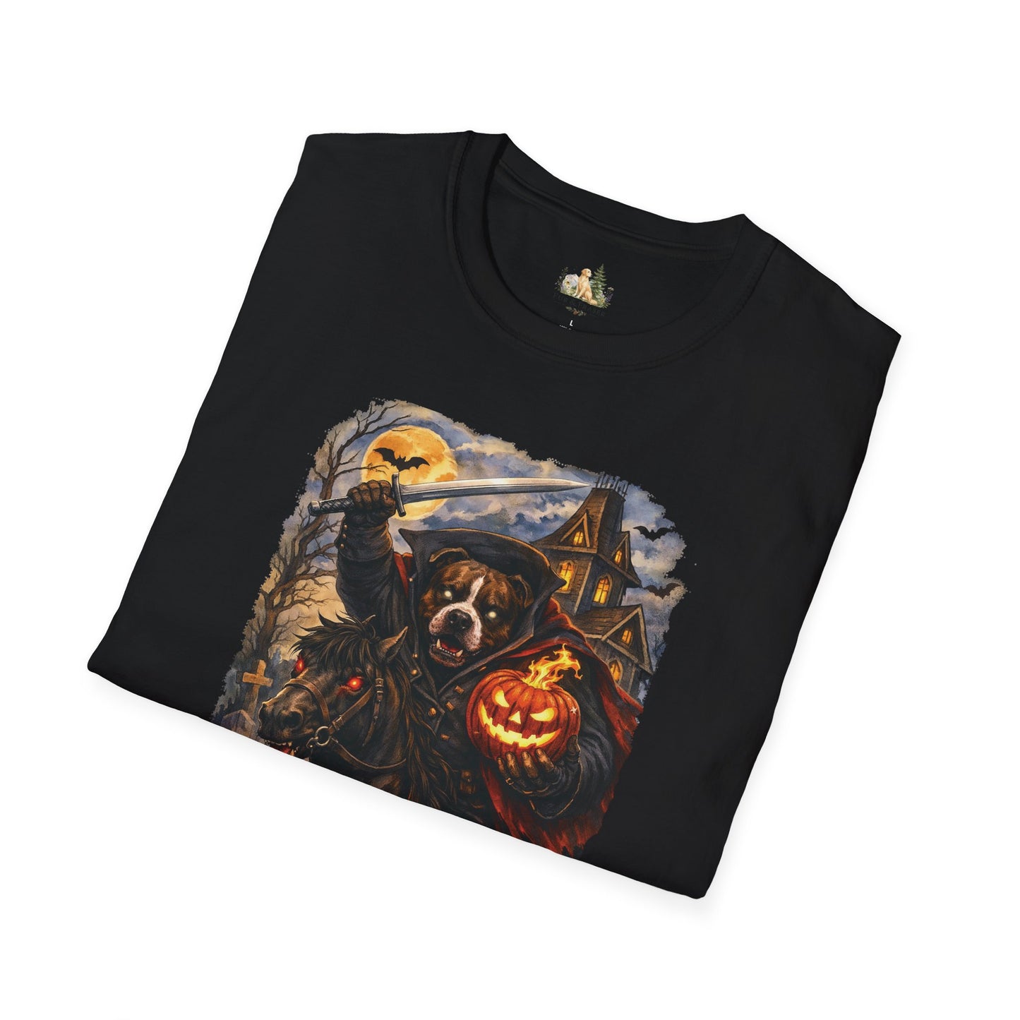 Unisex Halloween Pit Bull Headless Horseman Tee – What Tails Lurk Behind The Pines Collection
