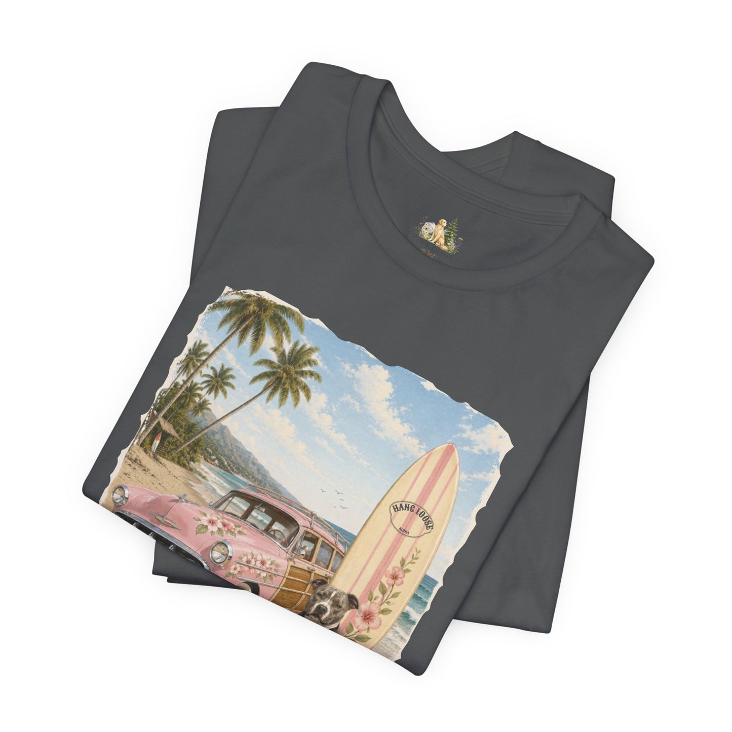 Vintage Beach Surf T‑Shirt — Retro Car, Surfboard & Dog Graphic