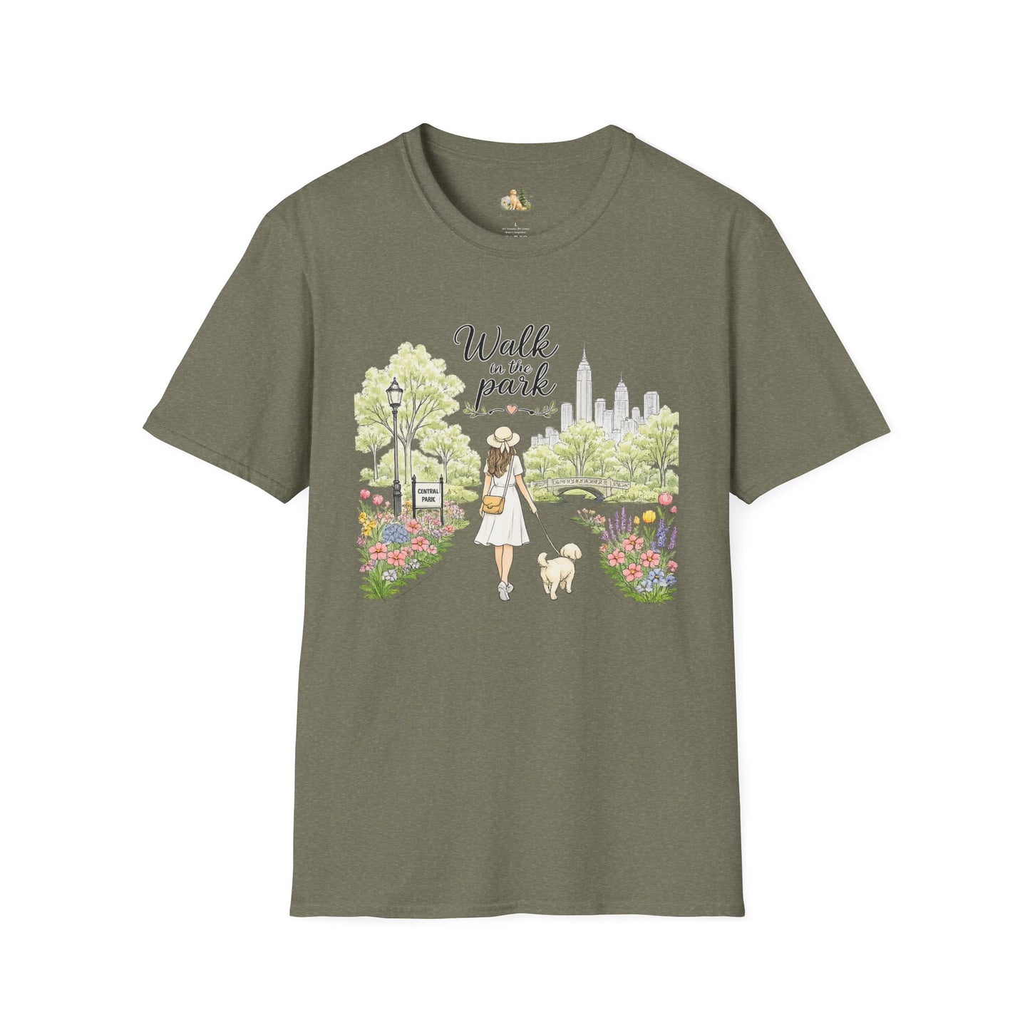 Walk in the Park T-Shirt | Woman Walking Dog Park Illustration (Light Weight, Ultra Soft Tee)