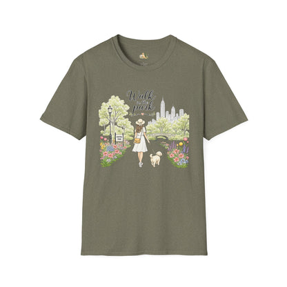 Walk in the Park T-Shirt | Woman Walking Dog Park Illustration (Light Weight, Ultra Soft Tee)