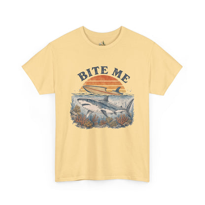 Shark 'Bite Me' Graphic Tee — Vintage Ocean Sunset Fishing Shirt (Heavy Weight Tee)