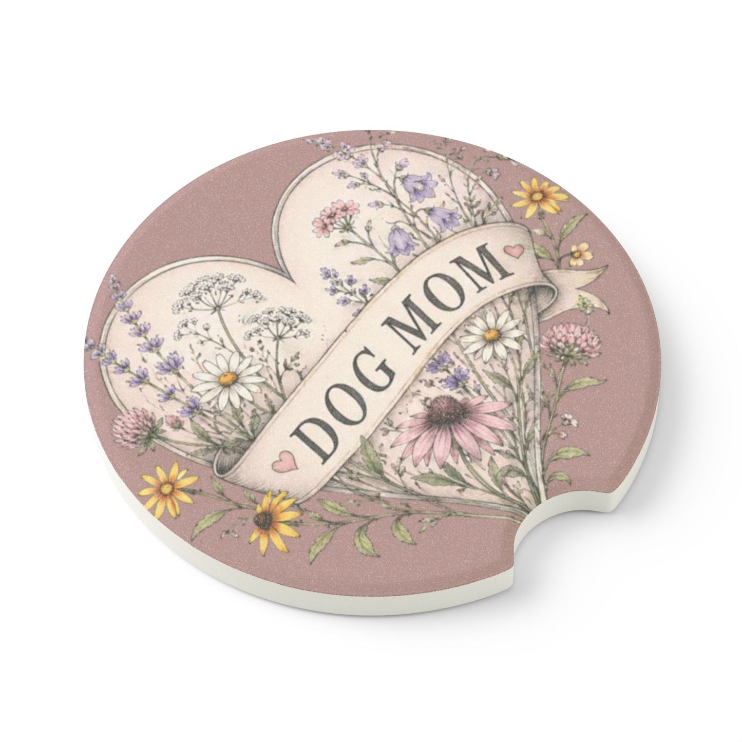 Dog Mom Soapstone Car Coaster — Floral Heart Automotive Drink Holder
