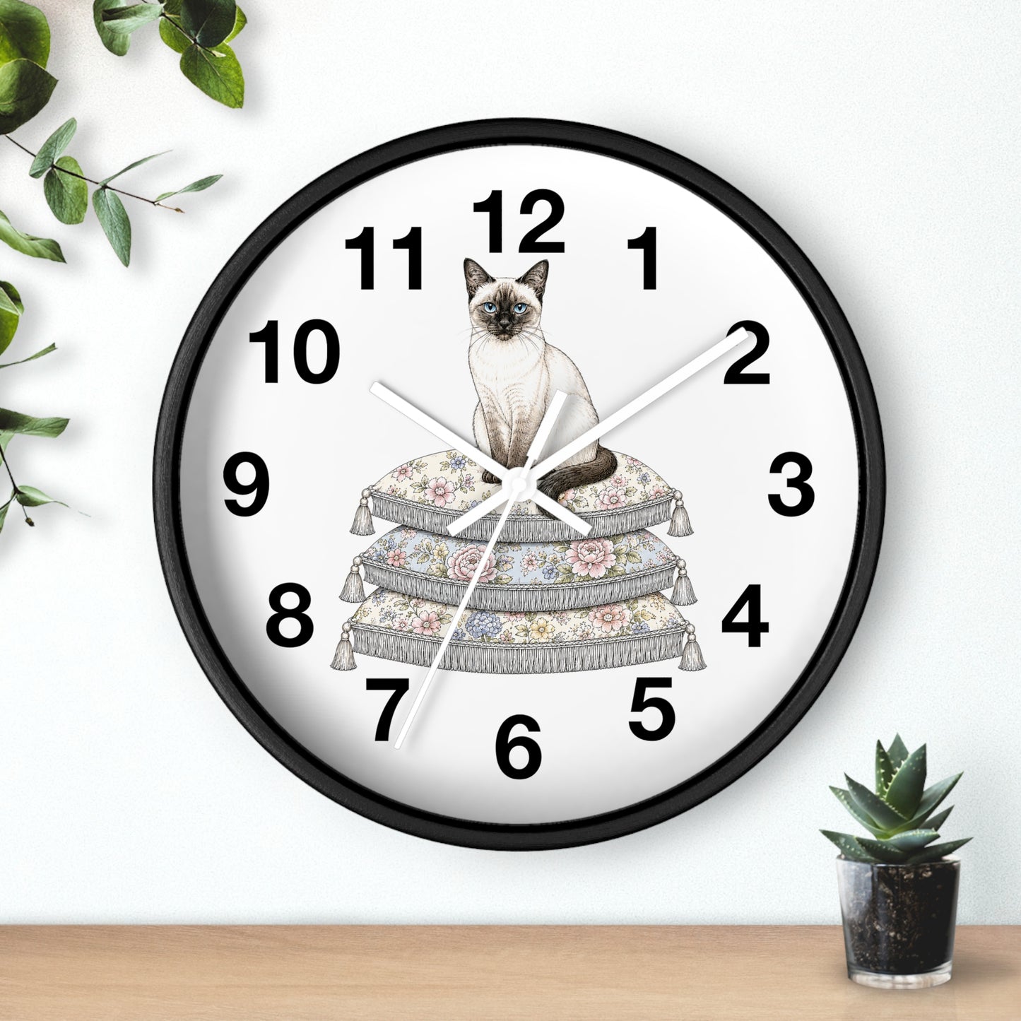 Siamese Cat on Stacked Cushions Wall Clock | Floral Pillow Illustration