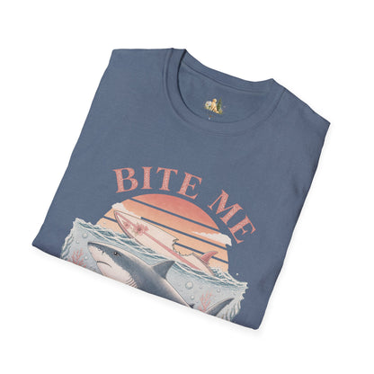Bite Me Shark T-Shirt — Retro Ocean Sunset Graphic Tee (Light Weight, Ultra Soft)