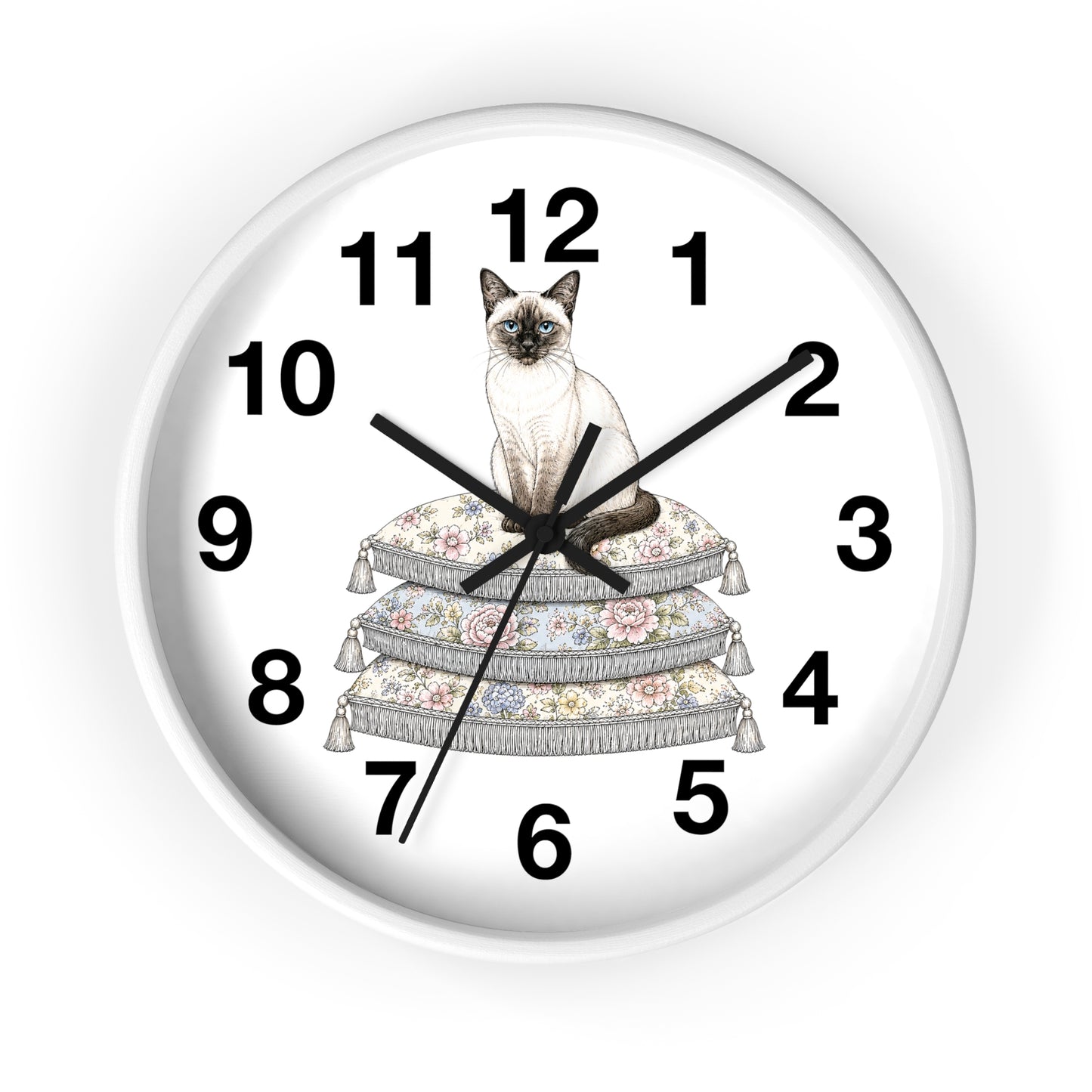 Siamese Cat on Stacked Cushions Wall Clock | Floral Pillow Illustration