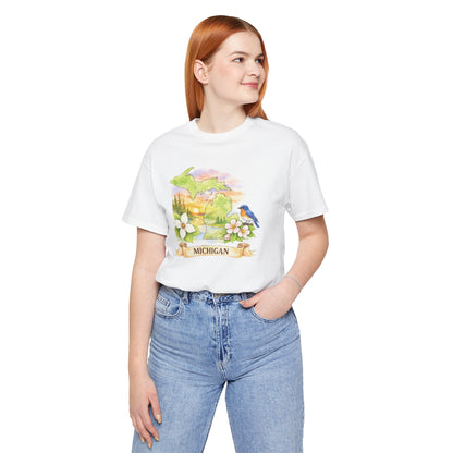 Michigan Scenic T-Shirt — State Flower & Bluebird Watercolor Design