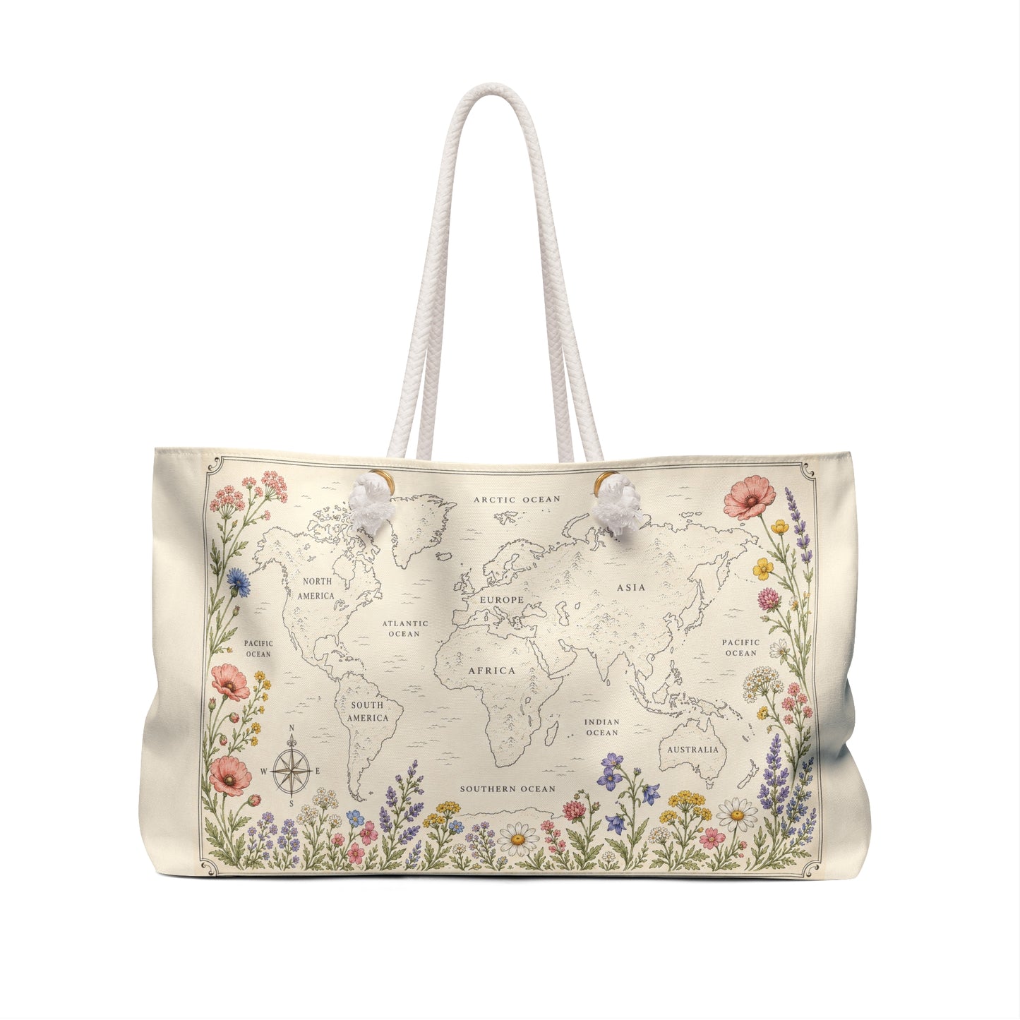 Floral World Map Weekender Bag — Vintage Botanical Travel Tote