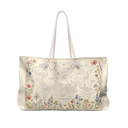 Floral World Map Weekender Bag — Vintage Botanical Travel Tote