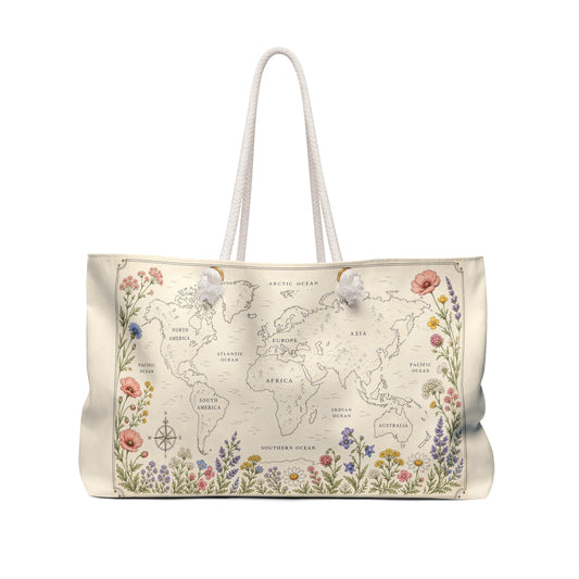 Floral World Map Weekender Bag — Vintage Botanical Travel Tote