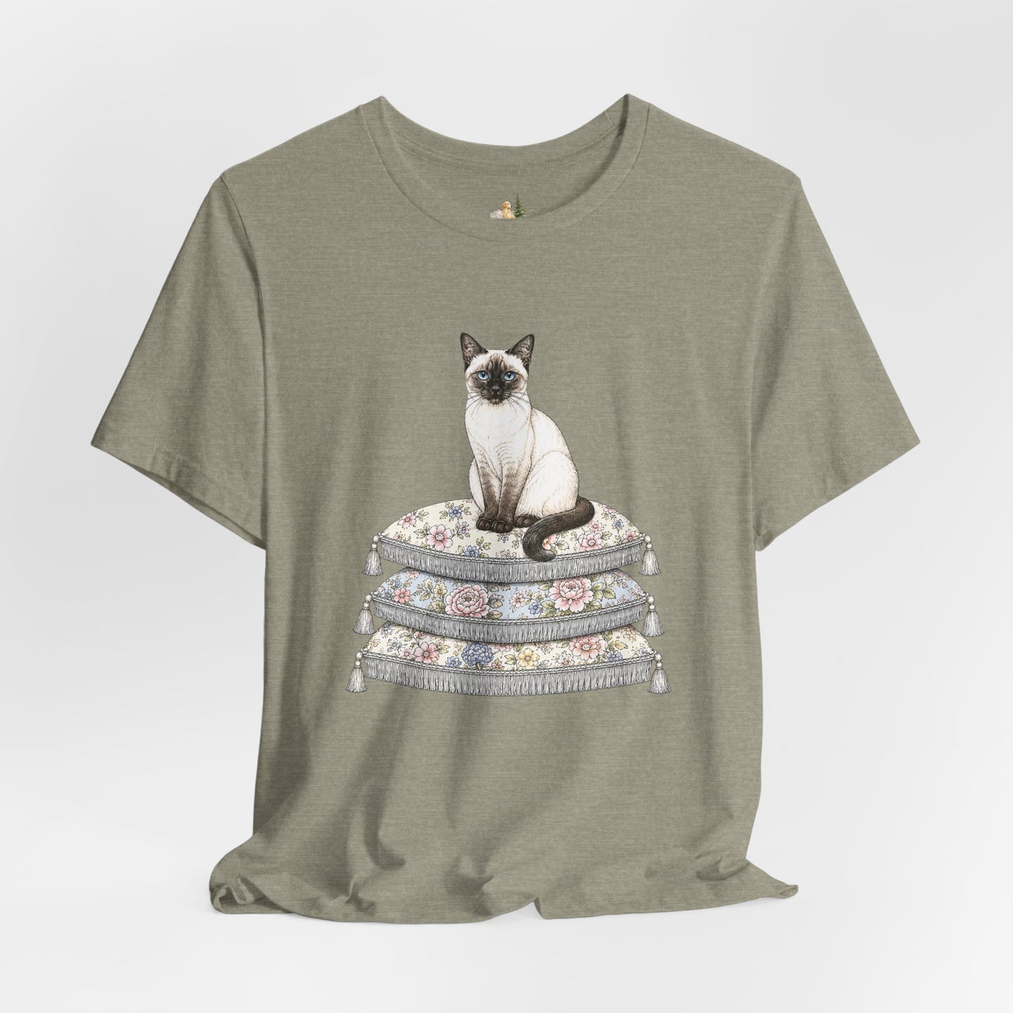 Siamese Cat on Floral Pillows T-Shirt | Vintage Pet Illustration