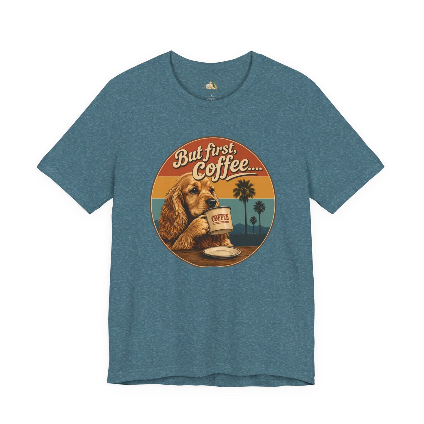 Men's But First Coffee Dog Tee — Retro Palm Tree Coffee Lover T-Shirt
