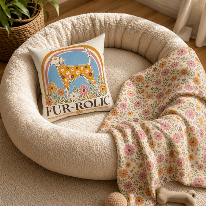 Retro Floral Dog Pillow — “Fur-Rolic” Decorative Dog Bed Pillow. 14x14"