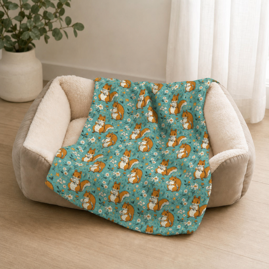 Woodland Squirrel Sherpa Blanket — Teal Acorn Pattern Cozy Throw for Dogs