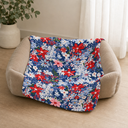 Floral Cottage-Core Dog Blanket — Plush Blue Sherpa for Crates & Cuddles