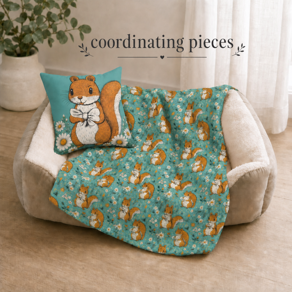 Squirrel & Daisies Teal Pet Pillow — Plush Accent Pillow for Dog Beds 14x14"