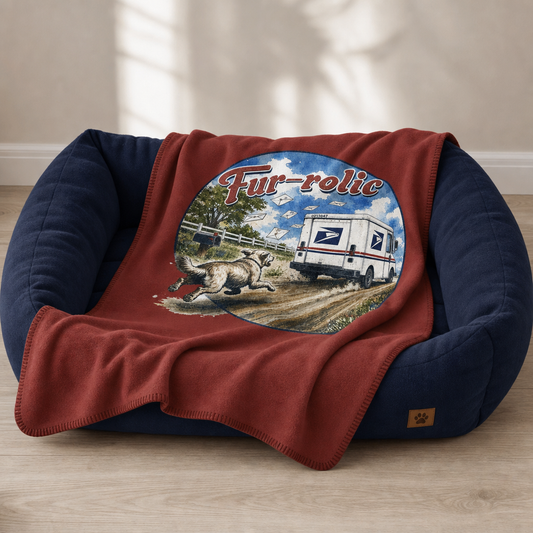 Red Sherpa Blanket — "Fur-rolic" Dog Chasing Mail Truck Plush Throw 30x40"