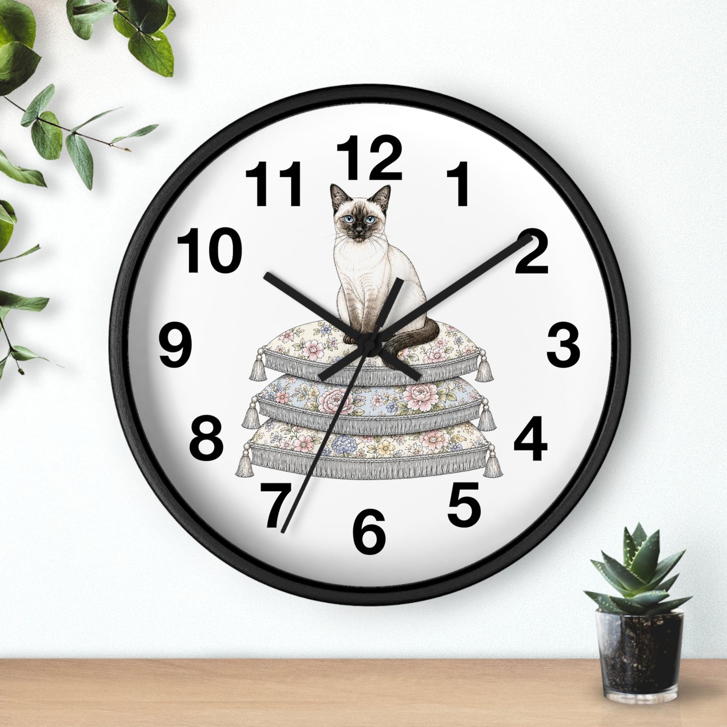 Siamese Cat on Stacked Cushions Wall Clock | Floral Pillow Illustration