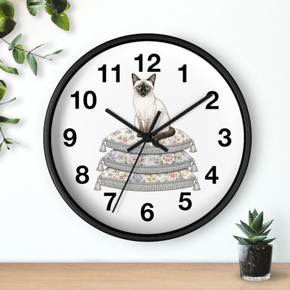 Siamese Cat on Stacked Cushions Wall Clock | Floral Pillow Illustration