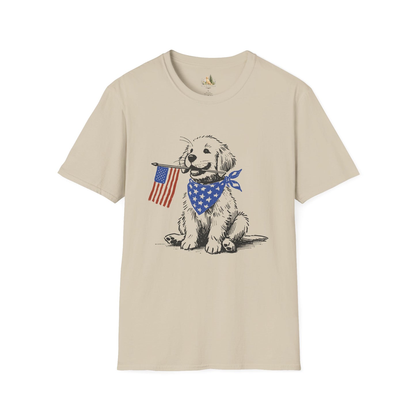 Unisex Patriotic Puppy T-Shirt — Golden Retriever with American Flag Bandana (Light Weight, Ultra Soft Tee)