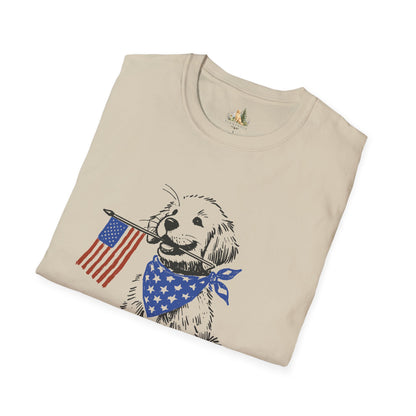 Unisex Patriotic Puppy T-Shirt — Golden Retriever with American Flag Bandana (Light Weight, Ultra Soft Tee)