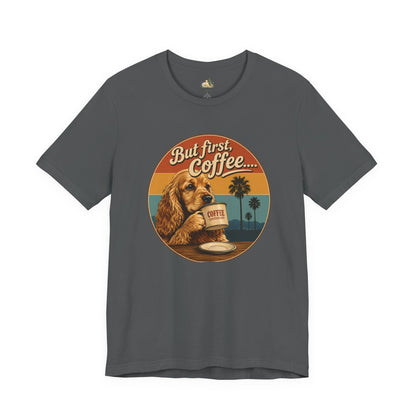 Men's But First Coffee Dog Tee — Retro Palm Tree Coffee Lover T-Shirt