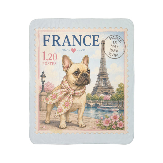 French Bulldog Paris Stamp Fleece Sherpa Blanket | Eiffel Tower, Floral Accent