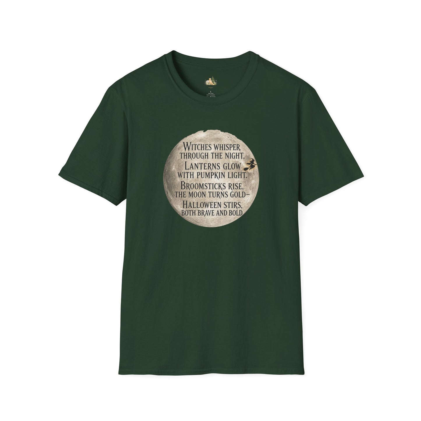 Halloween Poem T-Shirt — "Witches whisper through the night" Moon Graphic