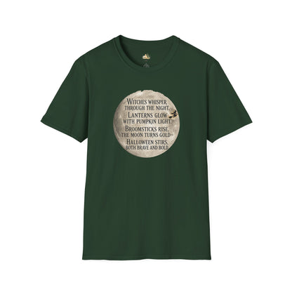 Halloween Poem T-Shirt — "Witches whisper through the night" Moon Graphic