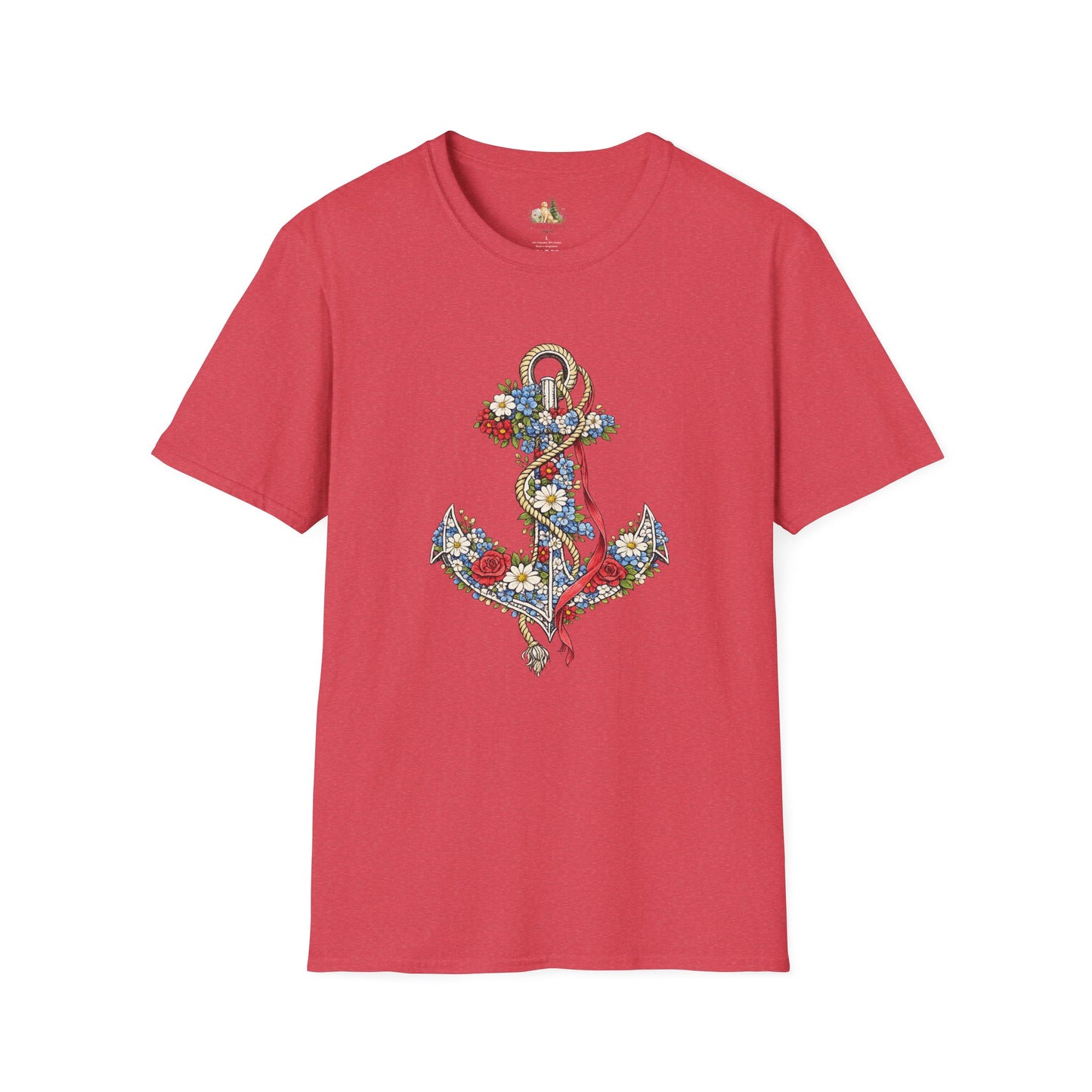 Floral Anchor Illustration T-Shirt Nautical Anchor with Roses (Light Weight, Ultra Soft T-Shirt)