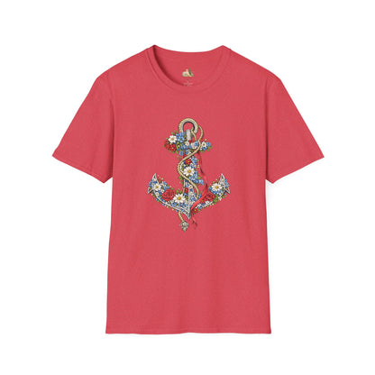 Floral Anchor Illustration T-Shirt Nautical Anchor with Roses (Light Weight, Ultra Soft T-Shirt)