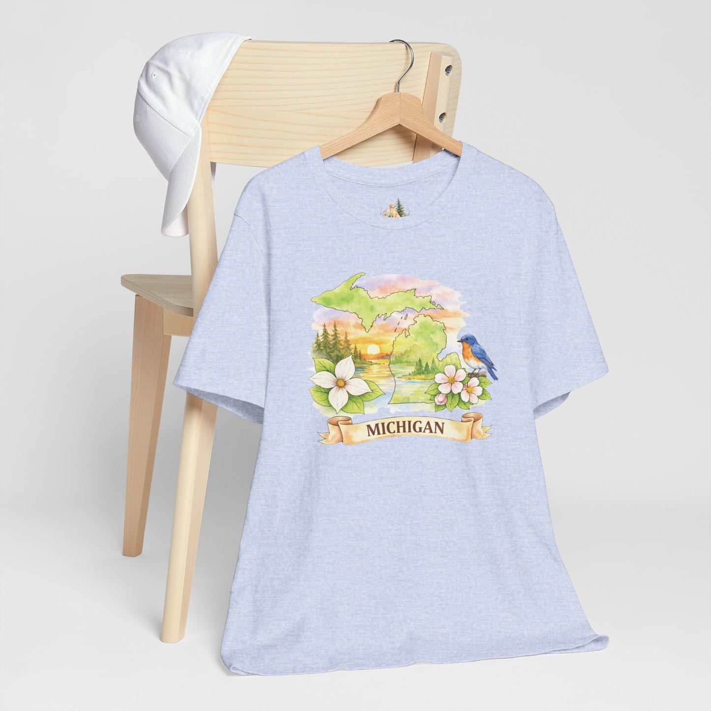 Michigan Scenic T-Shirt — State Flower & Bluebird Watercolor Design