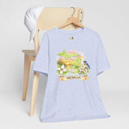 Michigan Scenic T-Shirt — State Flower & Bluebird Watercolor Design