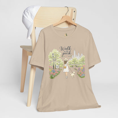 Walk in the Park T-Shirt | Woman Walking Dog Park Illustration
