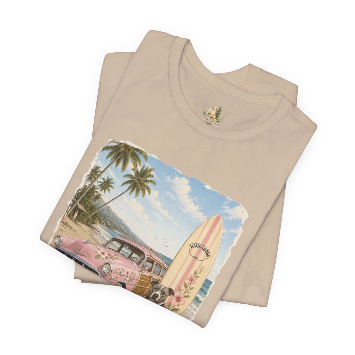 Vintage Beach Surf T‑Shirt — Retro Car, Surfboard & Dog Graphic