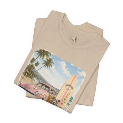 Vintage Beach Surf T‑Shirt — Retro Car, Surfboard & Dog Graphic