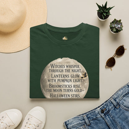 Halloween Poem T-Shirt — "Witches whisper through the night" Moon Graphic