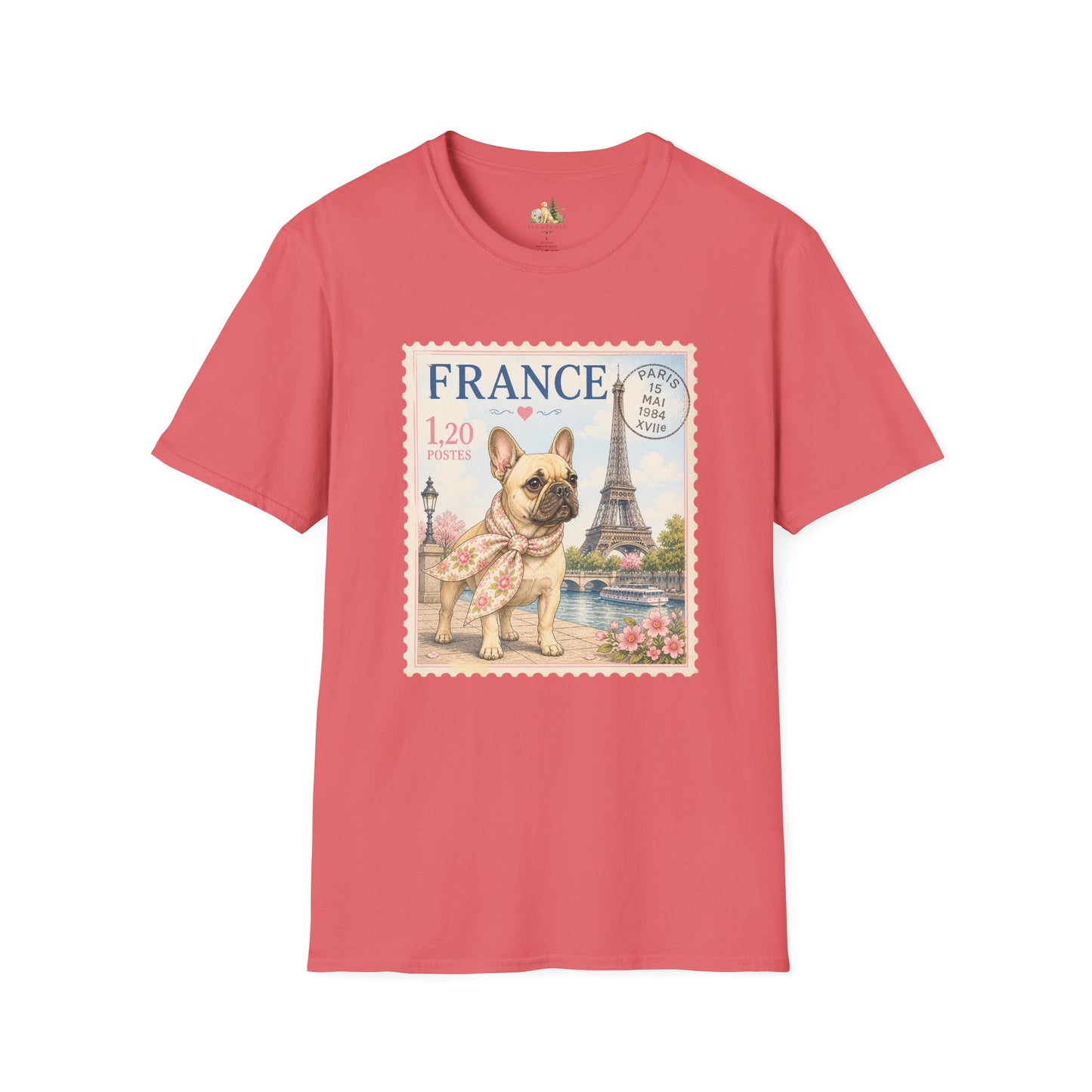 French Bulldog Postage Stamp T-Shirt | Eiffel Tower Paris Design (Light Weight, Ultra Soft Tee)
