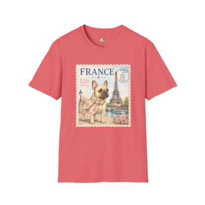 French Bulldog Postage Stamp T-Shirt | Eiffel Tower Paris Design (Light Weight, Ultra Soft Tee)