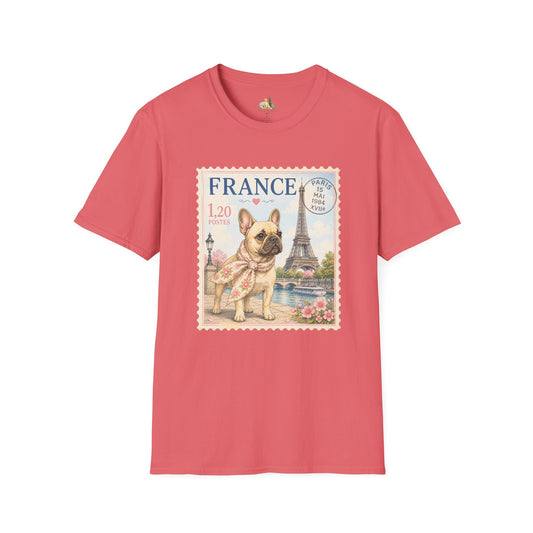 French Bulldog Postage Stamp T-Shirt | Eiffel Tower Paris Design (Light Weight, Ultra Soft Tee)
