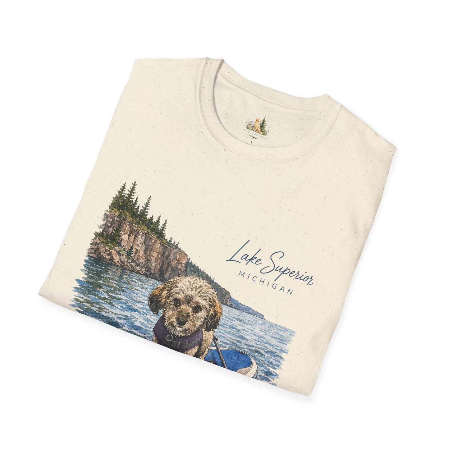 T-Shirt — Lake Superior Michigan Dog Paddleboard Graphic (Light Weight, Ultra Soft Tee)