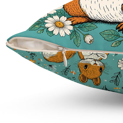 Squirrel & Daisies Teal Pet Pillow — Plush Accent Pillow for Dog Beds 14x14"