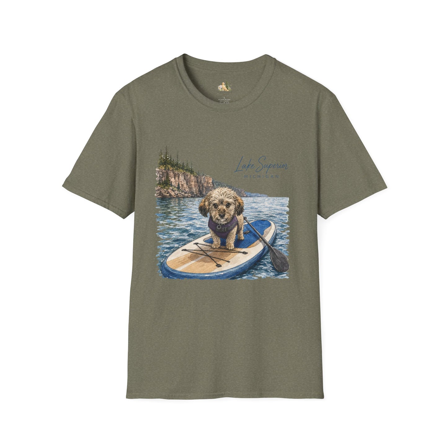 T-Shirt — Lake Superior Michigan Dog Paddleboard Graphic (Light Weight, Ultra Soft Tee)