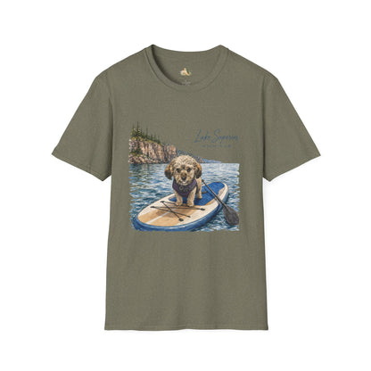 T-Shirt — Lake Superior Michigan Dog Paddleboard Graphic (Light Weight, Ultra Soft Tee)